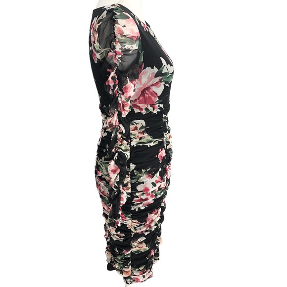 Lulu’s NWOT Womens Size Small Ruched Mesh Ayana Dress in Black Floral Print - Picture 5 of 9